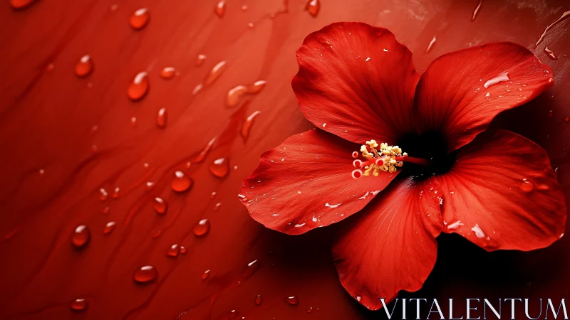 Vibrant red hibiscus flower with intricate stamen featuring water droplet composition