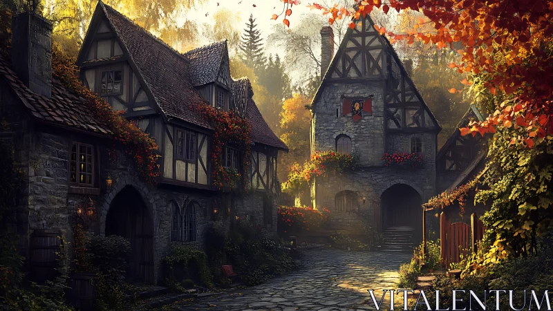 Medieval stone village street lit by warm autumn sunlight