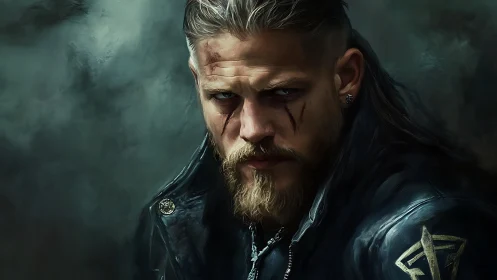 Scarred warrior in leather jacket stares through stormy shadows.
