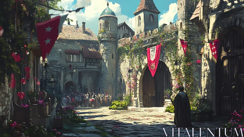 Medieval stone courtyard shows gathering beneath banners