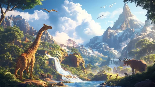 Panoramic biogeographic valley with giraffe and alpine escarpment.