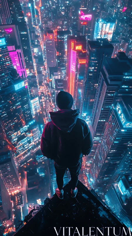 Solitary figure overlooking neon-soaked cyberpunk skyline.