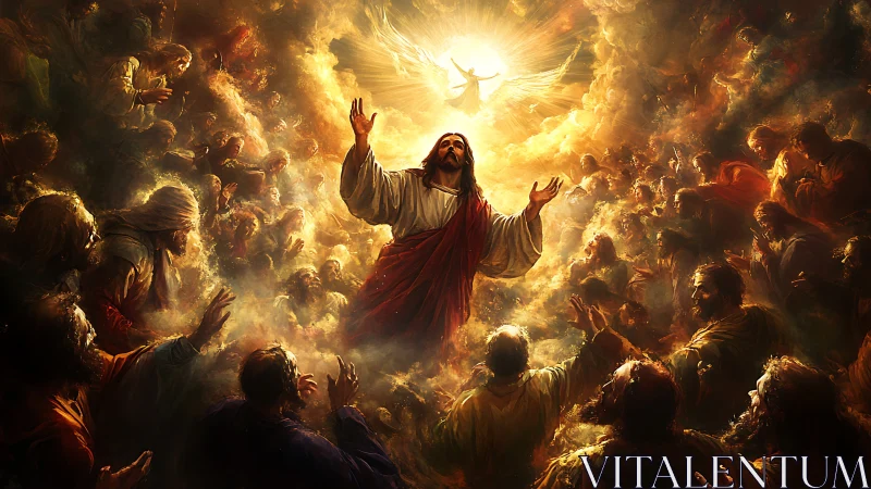 Heavenly light swells as a robed savior rises through clouds