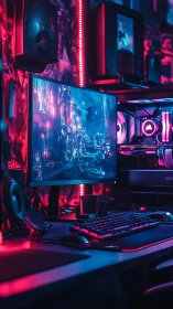 Neon city gamer battlestation glowing in magenta dreams.