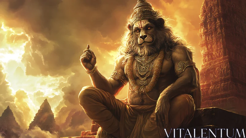 Lion-headed mythic figure seated before temple structures.