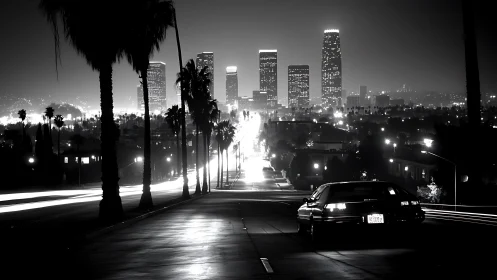 Nighttime city skyline with car on palm lined street.