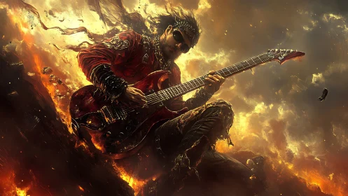 Firestorm guitarist shreds through molten inferno skies.