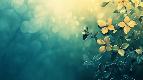 Yellow Blossoms Against Turquoise Bokeh Backdrop.