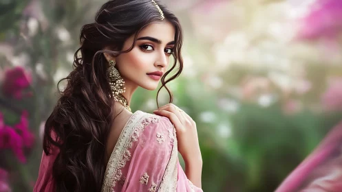 Elegant woman in pink saree glows amid dreamy floral garden