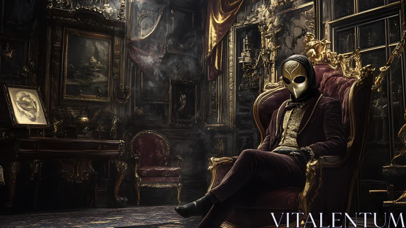 Gilded alien aristocrat brooding in baroque shadowed parlor.