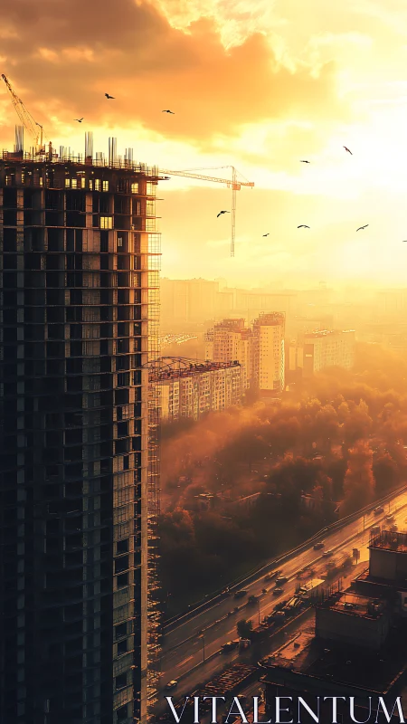 High rise construction silhouette in golden urban sunset.