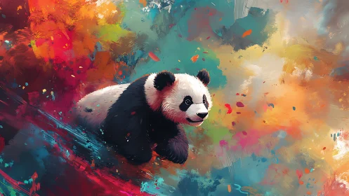 Playful panda moves through vivid abstract color storm