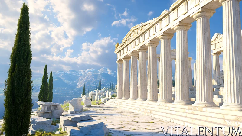 Sunlit marble colonnade overlooks coastal mountains and sea