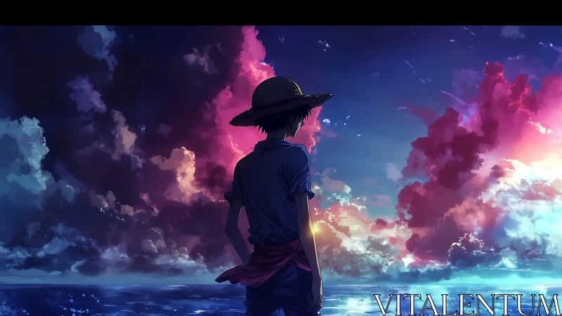 Backlit sailor silhouette against chromatic maritime sky field.