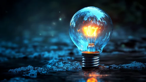Glowing light bulb rests on wet ground in cool blue night