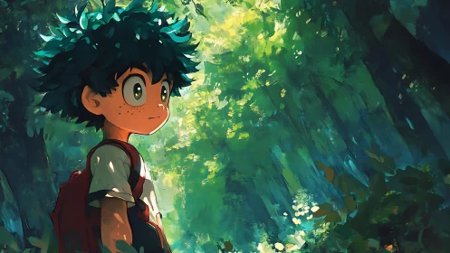 Young anime boy with backpack standing in sunlit forest.