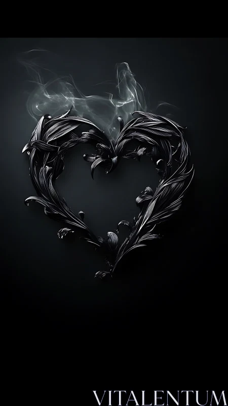 Smoked metallic feather heart in high contrast negative space.