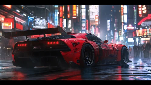 Streetlit red supercar idling in a neon soaked night rain.