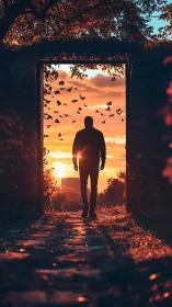 Silhouette wanderer stepping through a flaming sunset gate.