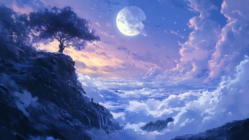 Moonlit cliffscape overlooks a luminous sea of clouds.
