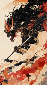 Fiery spirit warrior strides through swirling smoke and flame