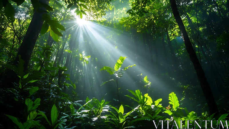 Tropical forest canopy with sunrays piercing dense vegetation