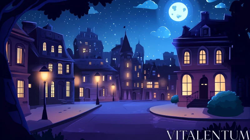 Quiet moonlit city street glows with warm lamplight