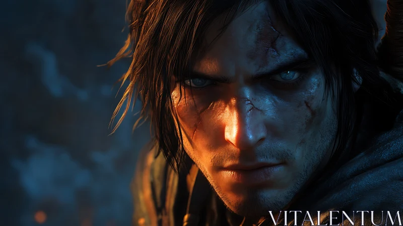 Scarred fantasy warrior close-up under dramatic lighting.