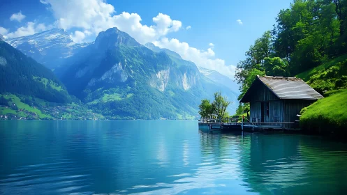 Lakeside wooden cabin facing calm water and tall mountains.