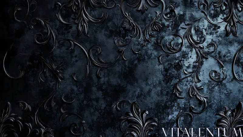 Baroque metallic flourishes on oxidized midnight substrate.