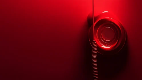 Wall-mounted red telephone with minimalist red backdrop.