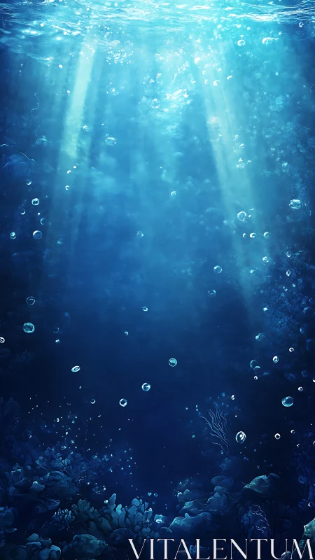 Submerged sunlight beams over tranquil deep-sea reef environment.