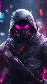 Hooded cyberpunk soldier with neon visor and rifle stance.