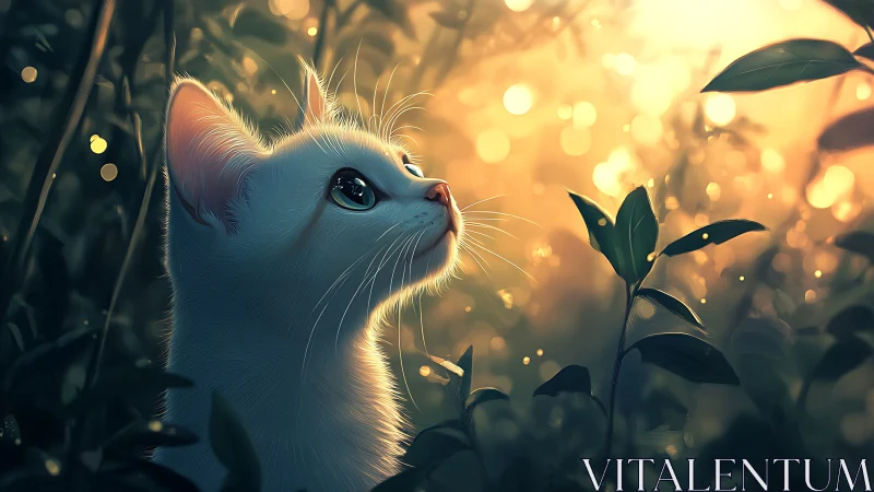 Luminous White Cat in Golden Garden: Digital Fantasy Portrait.