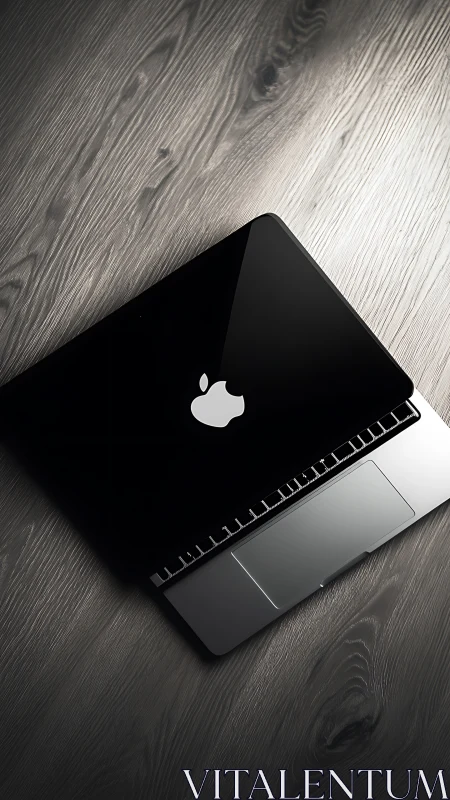 Closed black laptop with logo on grey wooden desk surface.