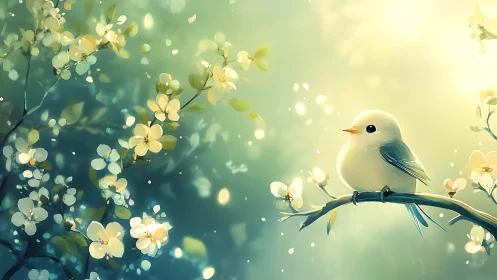 Spring songbird on blossom branch in soft glowing light.