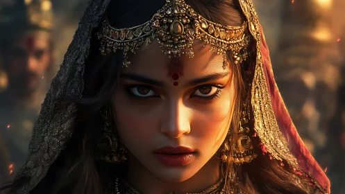 Digital portrait shows woman in ornate headdress facing viewer