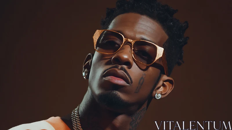 Stylish man in gold sunglasses under warm studio light.