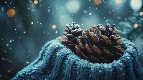 Pine cones rest on knitted fabric under falling snowflakes