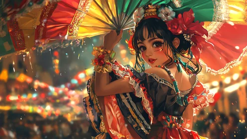 Festival lights swirl around a joyful parasol dancer.