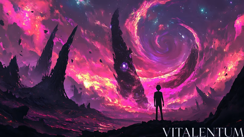 Stargazer standing beneath a swirling cosmic sky.