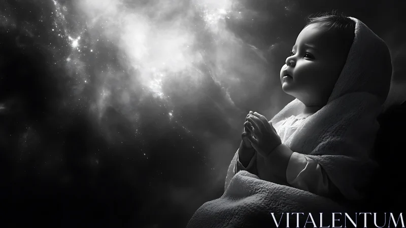 High contrast monochrome infant portrait studies cosmic nebula light
