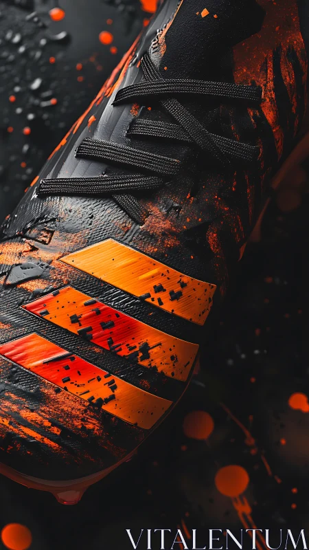 Close-up sports boot shows dynamic orange splatter design