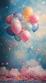 Cluster of Inflated Spheres with Scattered Confetti Elements.