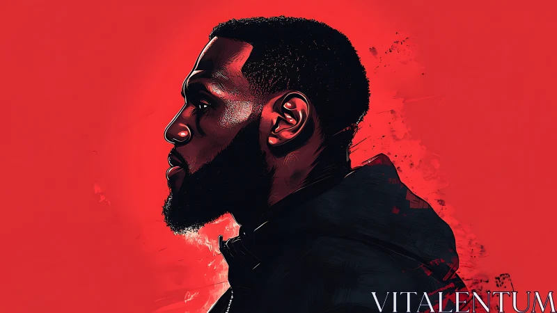 Profile portrait of focused man set against bold red field.