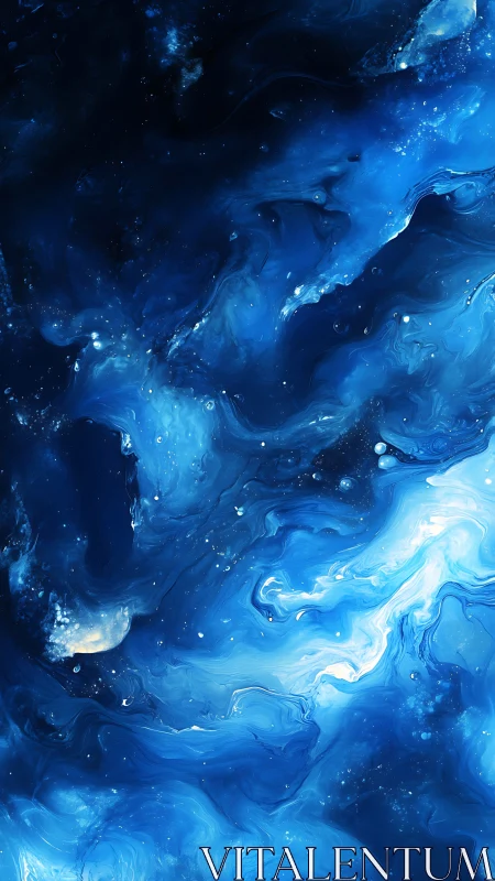 Blue fluid abstract pattern with swirling luminous forms.
