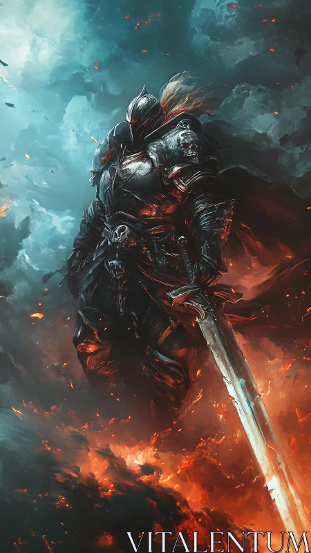 Fallen knight descending through fire and storm. Dark fantasy.