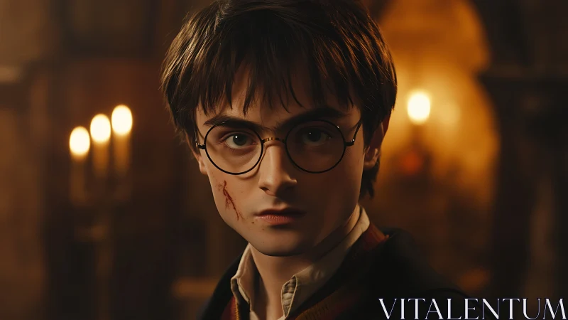 Photorealistic young wizard portrait in warm chiaroscuro lighting.