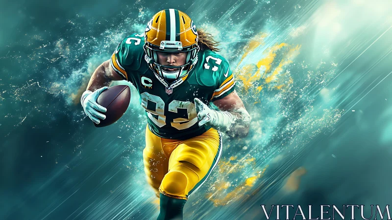 Dynamic football runner charges through neon energy field.