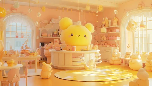 Kawaii pastel bear café glows in warm, whimsical sunlight.